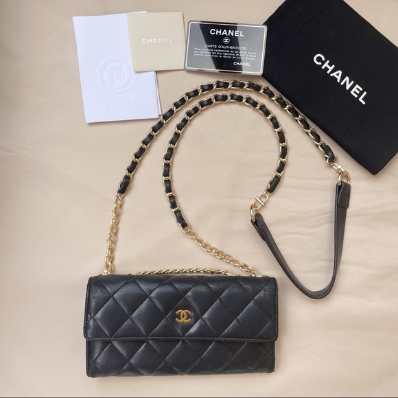CHANEL Handbags - Chanel Flap in Matelassé Lamb Leather Black Gold-Tone Wallet on Chain w/Dust Bag